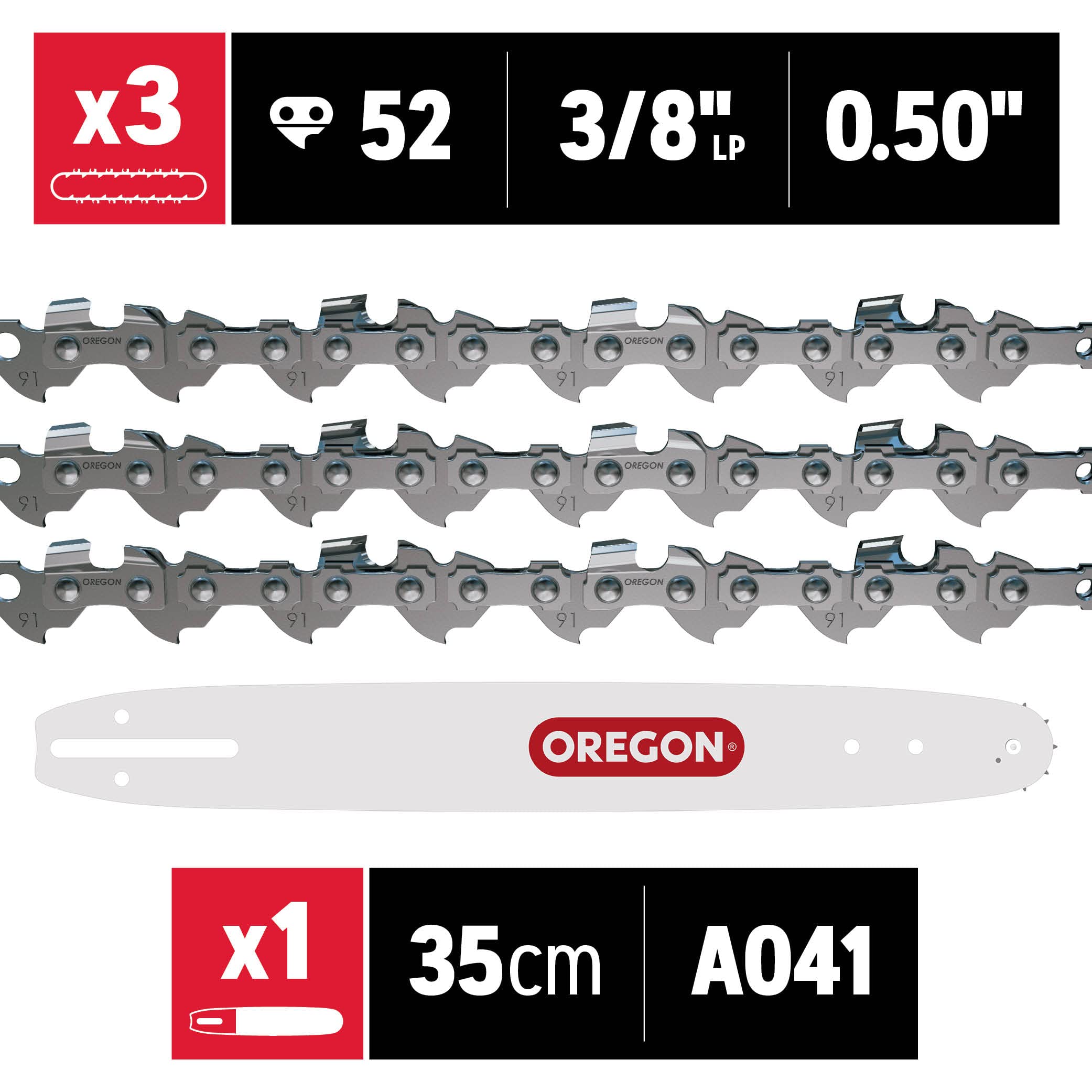 Oregon Chaînes 3/8" 52 maillons chaîne tronçonneuse guide 35 cm lot 3+1